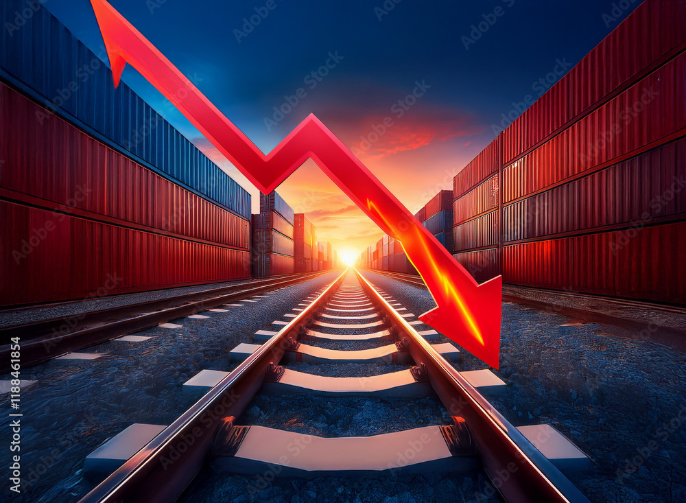 Poster A red arrow descends over railway tracks lined with shipping containers, symbolizing a decline in global trade and economic downturn.  Sunset emphasizes the gravity of the situation.