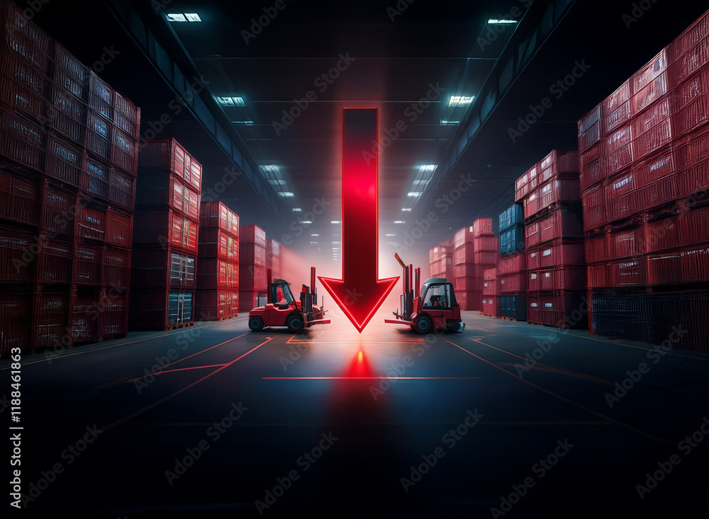 Aufkleber a large red arrow points down in a dimly lit warehouse, surrounded by stacked cargo containers and f