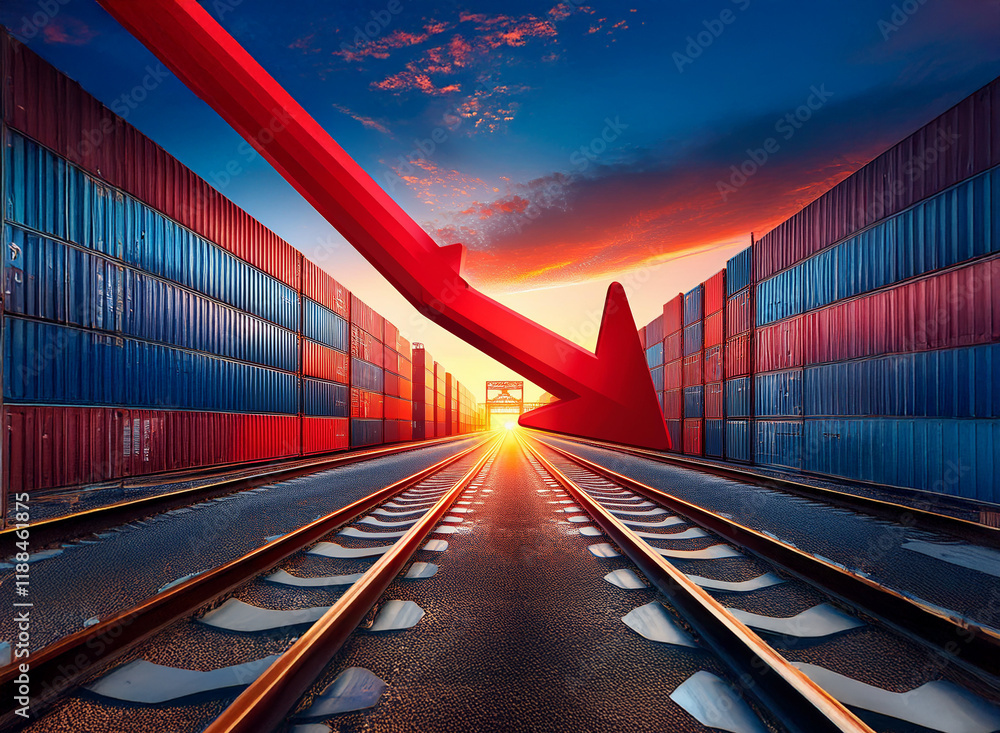 Aufkleber a large red arrow descends, symbolizing a decline in global trade, amidst rows of shipping container
