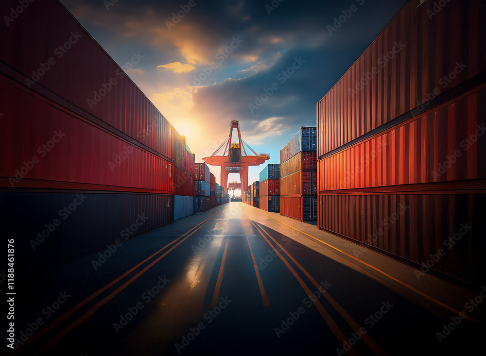 Poster a dramatic sunset casts a warm glow over rows of shipping containers at a bustling port. a large cra