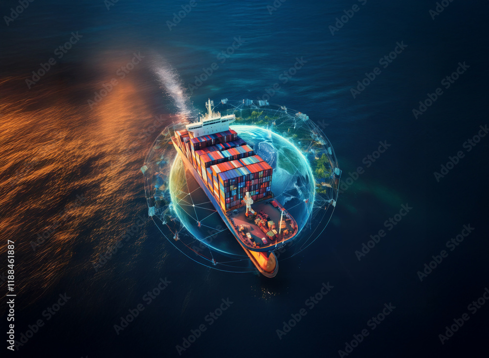 Poster a container ship sails on a dark ocean, encircled by a glowing network representing global trade and