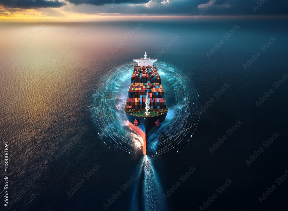 Poster a large container ship sails on a vast ocean under a dramatic sunset sky. surrounding the vessel is 