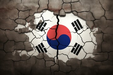 South korean flag painted on cracked wall, representing political or economic instability and crisis