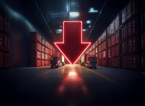 Red neon arrow descends between two semi-trucks in a dimly lit warehouse, signifying a drop in inventory or decline in logistics.
