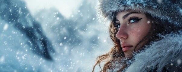 A serene winter portrait of a person with striking blue eyes