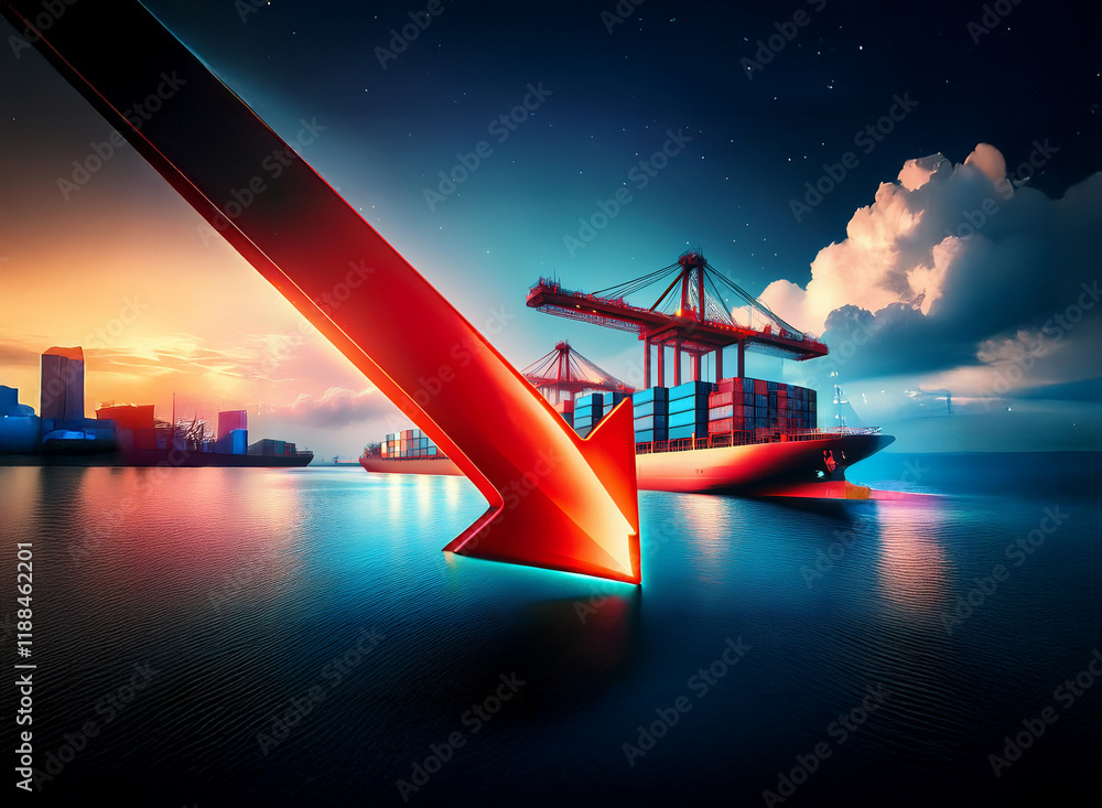 Poster a large cargo ship at sunset with a prominent red arrow pointing downwards, symbolizing a decline in