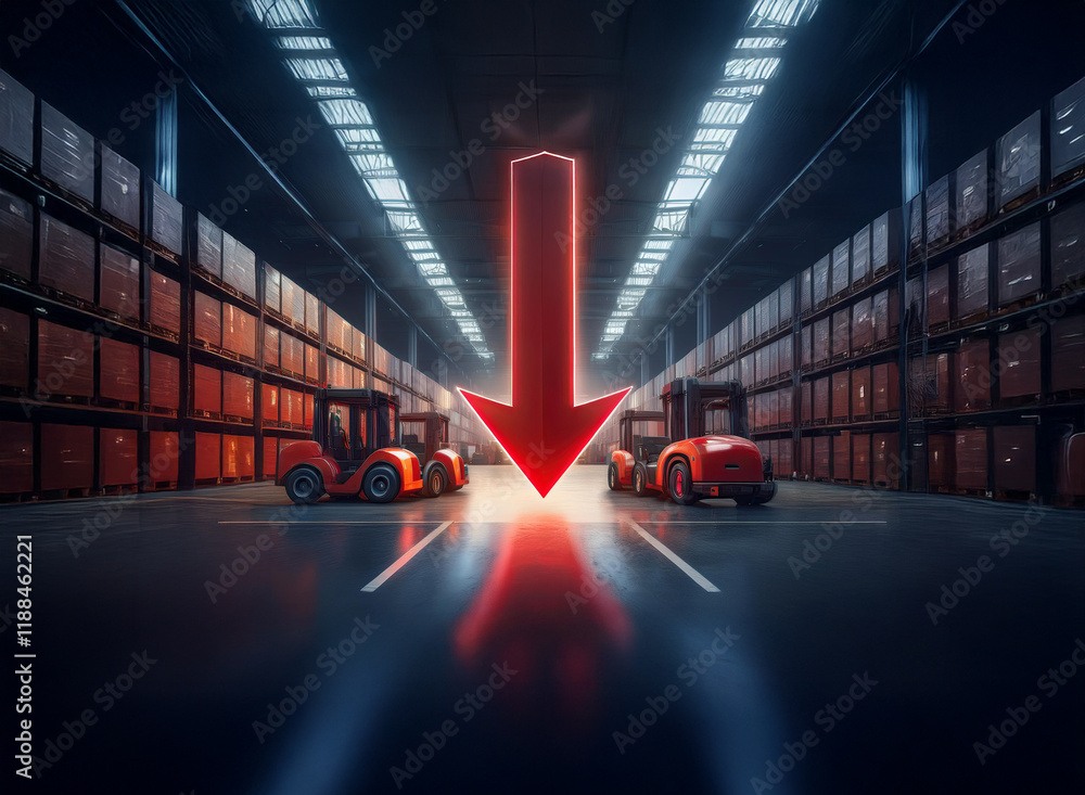 Poster A large red arrow points down between two forklifts in a dark warehouse, signifying a decrease in inventory or productivity.
