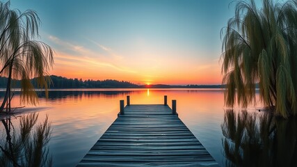 Fototapeta premium Sunrise Lakeside Serenity - Wooden Dock & Weeping Willows