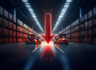 A large red arrow points down between two forklifts in a dark warehouse, signifying a decrease in inventory or productivity.