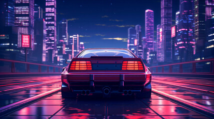 Nighttime view of a retro car overlooking a vibrant city skyline with neon lights reflecting off the pavement