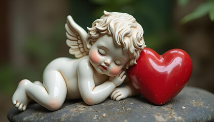 Fototapeta premium Sleeping cherub doll with red heart, evoking love and tranquility