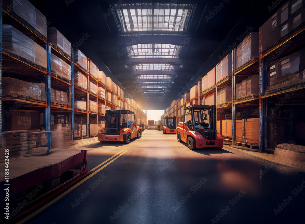 Poster vast warehouse interior with rows of high stacked pallets, two forklifts positioned centrally, and s