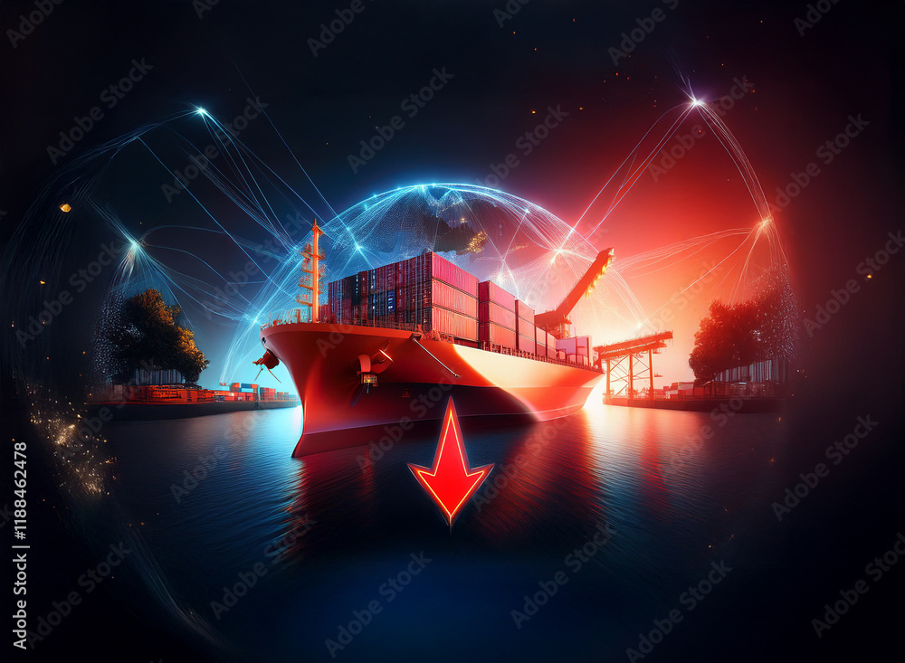 Poster A large container ship is shown sailing into a harbor, encircled by a glowing globe and intricate network lines. A red arrow points downward, symbolizing global trade and economic activity.