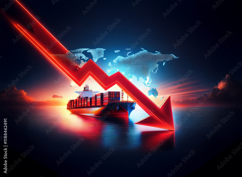 Poster A large container ship sailing on a dark ocean with a dramatic red arrow plunging downwards, symbolizing a global economic decline in shipping and trade.  The world map is faintly visible in the backg