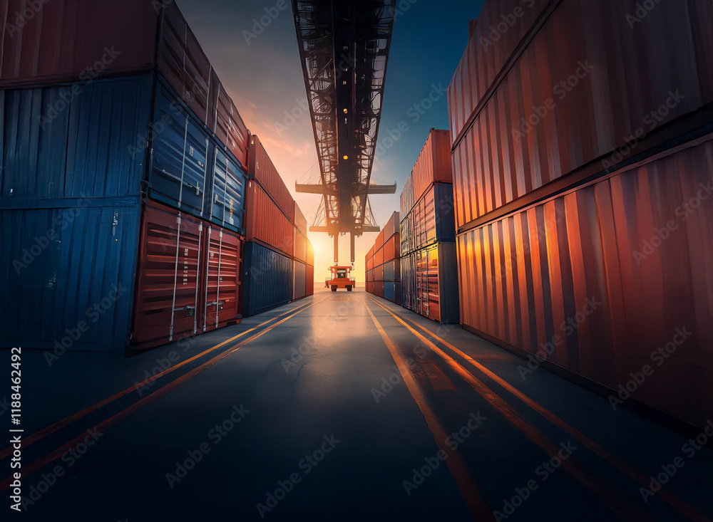 Poster a vibrant sunset casts a golden glow on rows of shipping containers at a busy port. a crane looms ov