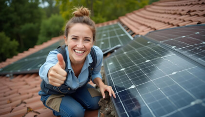 Fototapeta premium Happy woman giving thumbs up while installing solar panels on roof
