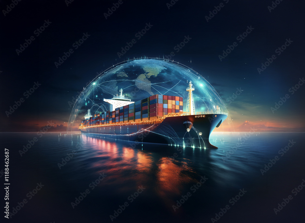 Poster a container ship sails the ocean at night, enveloped by a glowing digital globe, symbolizing global 