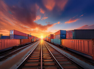 Obraz premium A vibrant sunset casts a warm glow over a long freight train carrying numerous colorful cargo containers along a railway track. The scene depicts global trade and transportation.