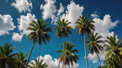 Obraz premium Green palm trees against blue sky and white clouds. Tropical jungle forest with bright blue sky, panoramic nature banner. Idyllic natural landscape, looking up, low point of view. Summer traveling