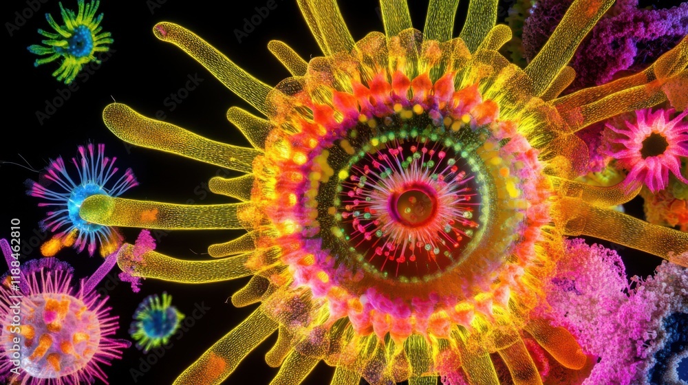 Poster colorful abstract representation of microorganisms with intricate patterns and vibrant hues in a cap