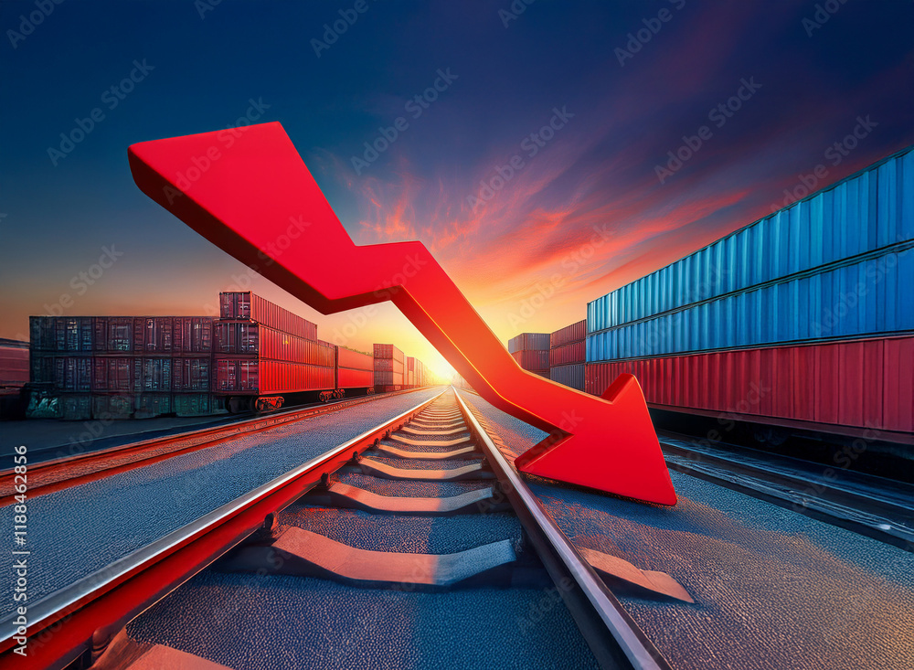 Aufkleber a large red arrow descends over railroad tracks lined with cargo containers, symbolizing a decline i