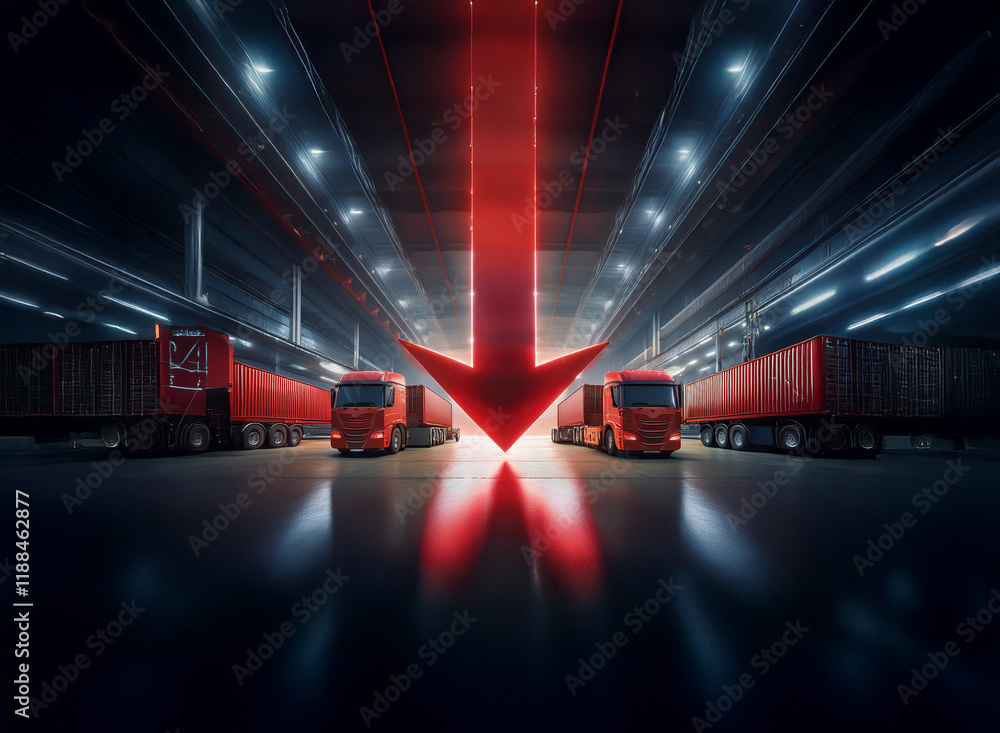 Poster a large red arrow descends upon a row of semi-trucks in a warehouse, signifying a decline in shippin