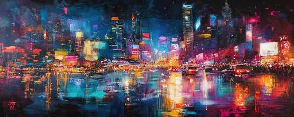 Vibrant neon city lights reflecting on wet streets at night.