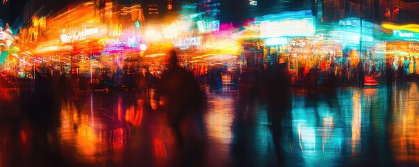 Fototapeta premium Vibrant neon city lights reflecting on wet streets at night.