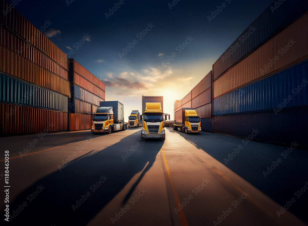 Poster four semi-trucks are parked between rows of shipping containers at sunset. the scene evokes a sense 