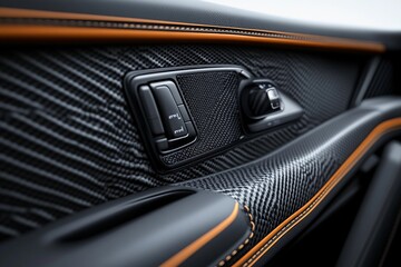 Detailed focus on luxury car door panel showcasing unique textures, stylish controls, and sleek design elements in a modern vehicle. Generative AI