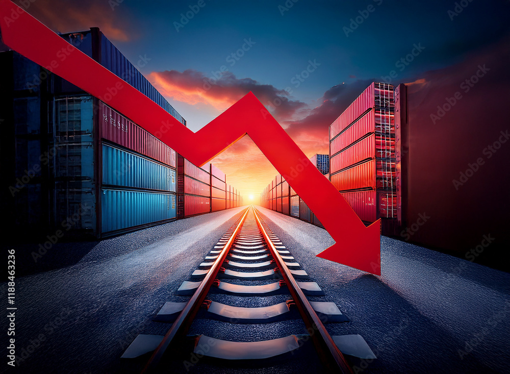 Poster a dramatic red arrow descends over railway tracks flanked by shipping containers, symbolizing a down