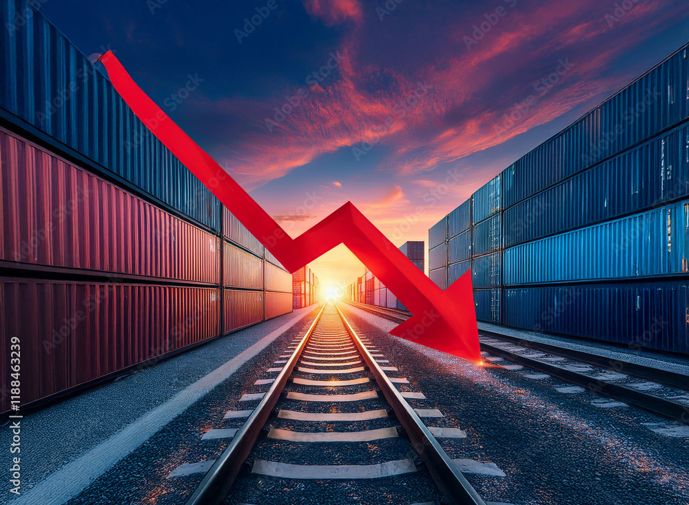 Poster A large red arrow points downward over railroad tracks flanked by shipping containers, symbolizing a decline in global trade and economic downturn.  Sunset adds to the dramatic effect.