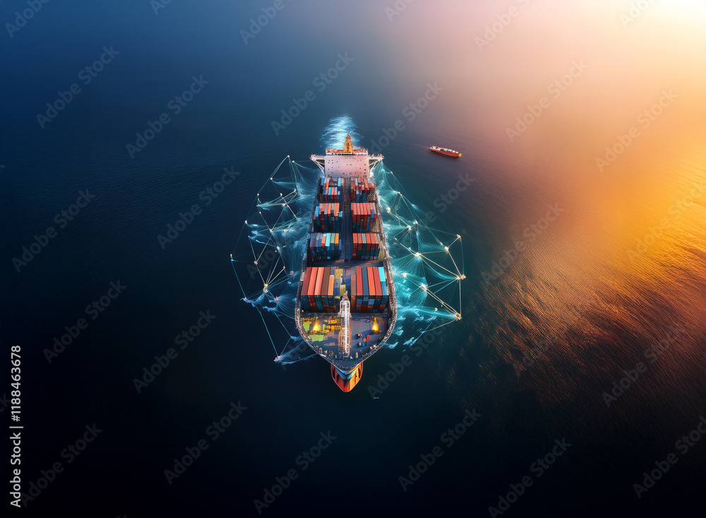 Poster A large container ship sails on a vast ocean at sunset,  connected by a digital network, symbolizing global trade and connectivity.  A smaller vessel is visible in the distance.
