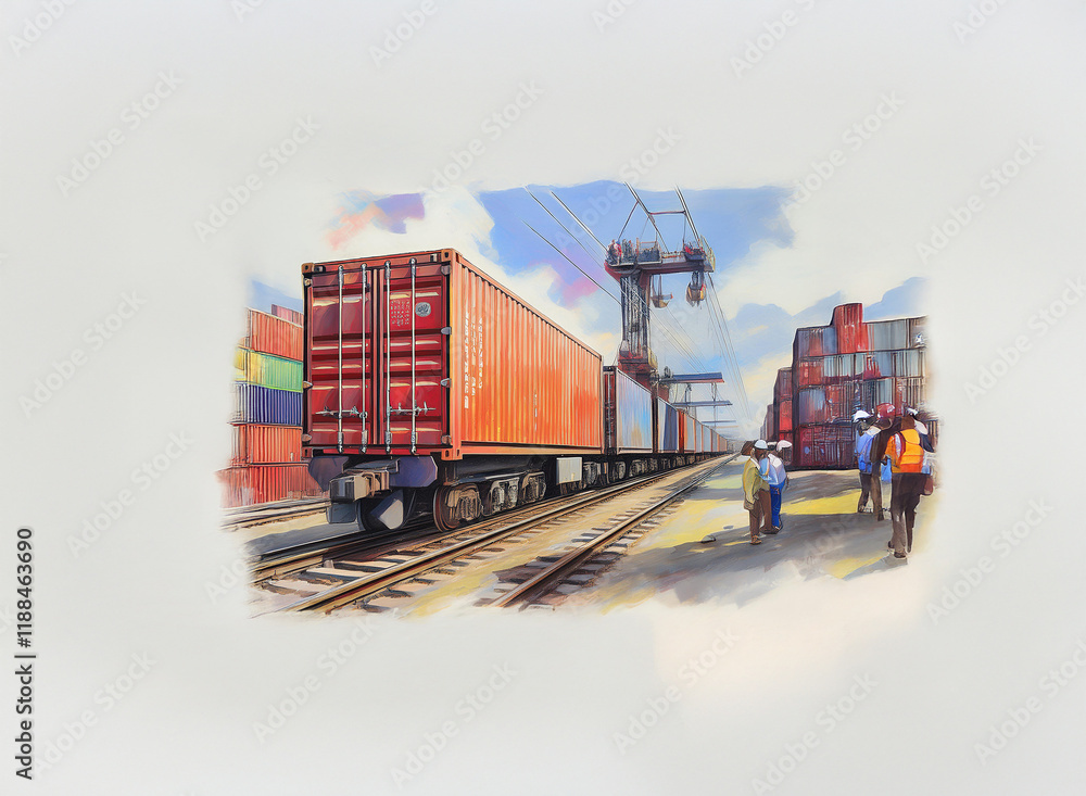 Poster a cargo train carrying multiple shipping containers moves along railway tracks at a port, with worke
