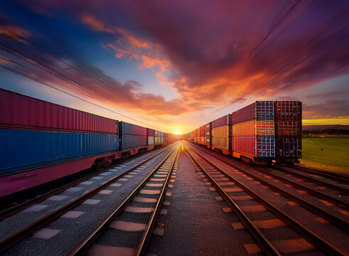 Two freight trains carrying colorful shipping containers converge at sunset on parallel railway tracks, creating a dramatic scene of global trade and transportation.