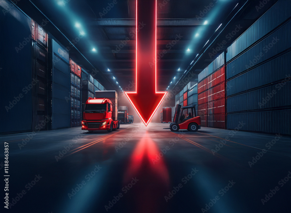 Poster A large red arrow points down in a warehouse, highlighting a decrease in cargo and logistics. Trucks and forklifts are present, emphasizing the decline in activity within the facility.