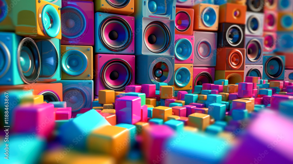 Poster colorful sound system setup with vibrant speaker stacks and geometric blocks in a lively environment