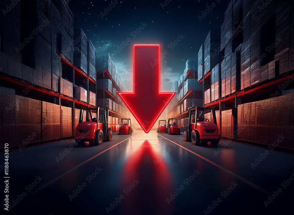 Poster Night scene.  A large red arrow points down between two rows of forklifts in a warehouse,  suggesting a decline in inventory or supply chain issues.