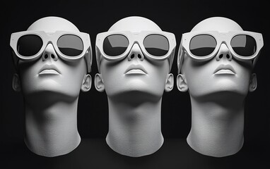 Fototapeta premium Three mannequin heads wearing oversized sunglasses.