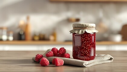 Raspberry jam jar mockup with label on rustic kitchen counter