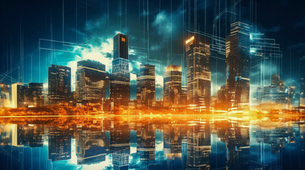 Vibrant city skyline at dusk with futuristic digital effects reflecting on water surface