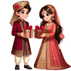AI generative, A young couple in a festive sherwani and a gharara. Exchanging gifts in a modern cartoon art style with ruby, beige, and bronze colors.