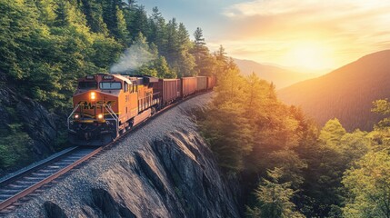 Breathtaking Scenic View of a Freight Train Traveling Through Lush Forest and Mountains at Golden Hour During a Stunning Sunrise