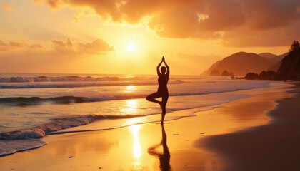Fototapeta premium Woman practicing yoga at sunset on the beach, connecting with nature
