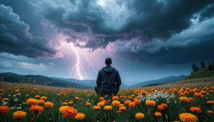 Fototapeta premium Man contemplates nature's fury during a thunderstorm in a field of flowers