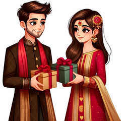 AI generative, A young couple in a festive sherwani and a gharara. Exchanging gifts in a modern cartoon art style with ruby, beige, and bronze colors.