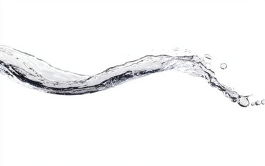 Clear water flowing smoothly in an arc, droplets glistening against a clean white background
