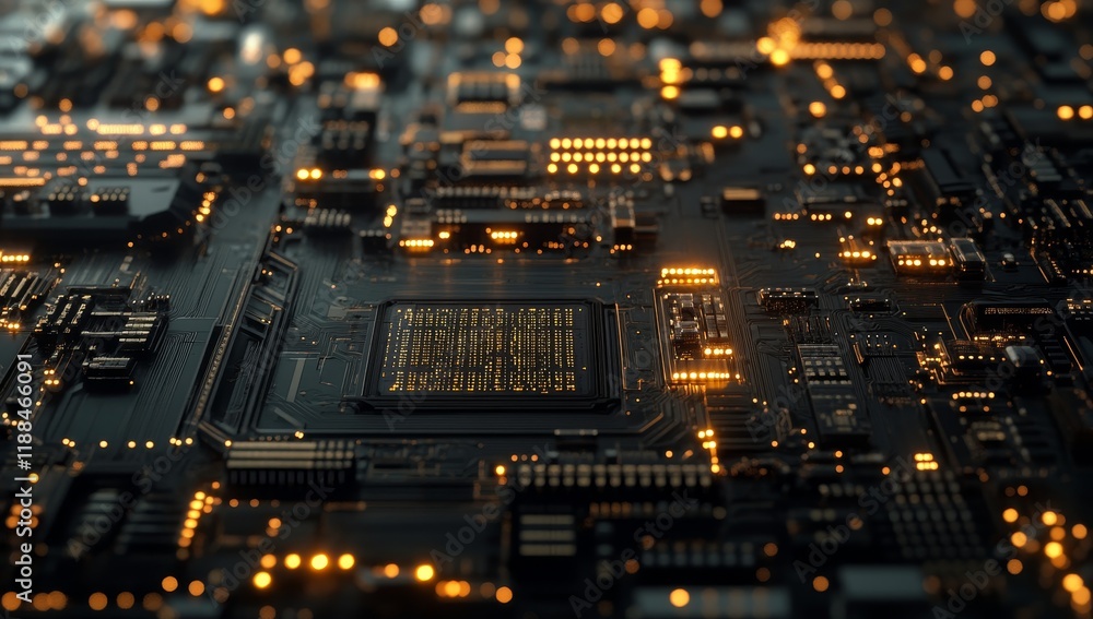 Poster Close-up of illuminated CPU on a circuit board.