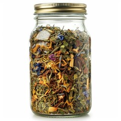 Glass jar full of various dried herbs and flowers, creating a colorful and aromatic mix, ready for preparing a healthy herbal tea infusion