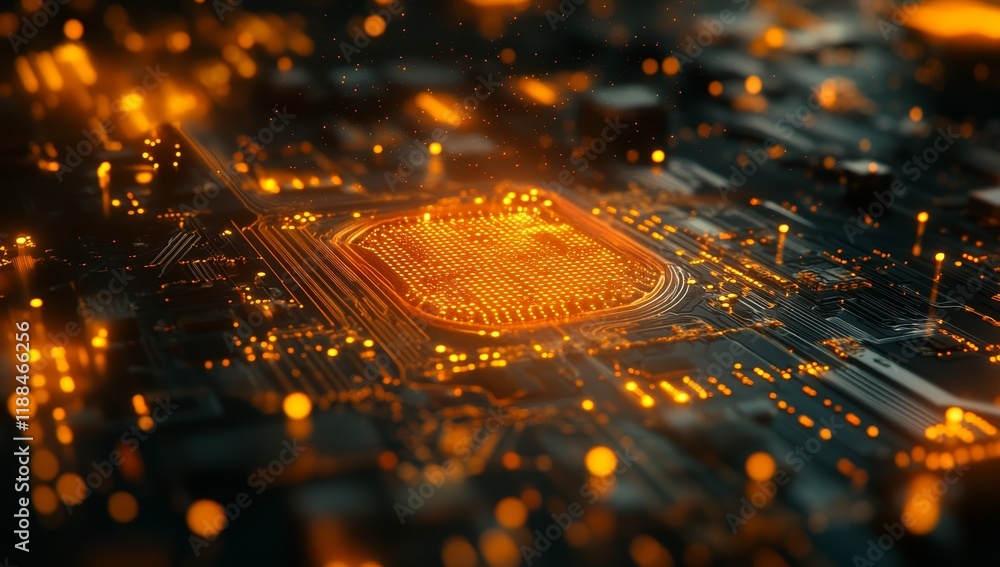 Poster glowing cpu on circuit board, close-up.